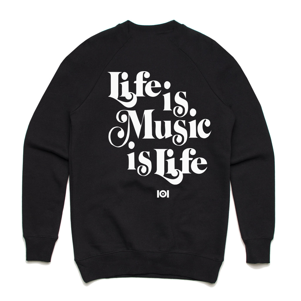 MUSIC IS LIFE IS MUSIC CREW FLEECE- BLACK MUSIC IS LIFE IS MUSIC CREW FLEECE- BLACK