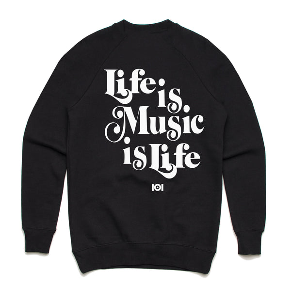 MUSIC IS LIFE IS MUSIC CREW FLEECE- BLACK