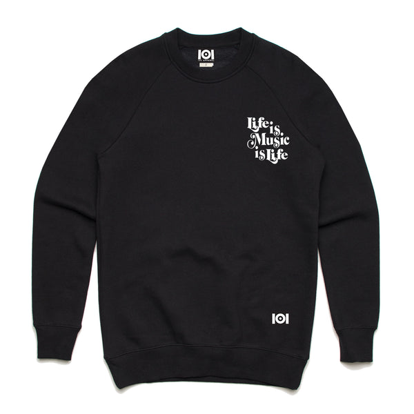 MUSIC IS LIFE IS MUSIC CREW FLEECE- BLACK