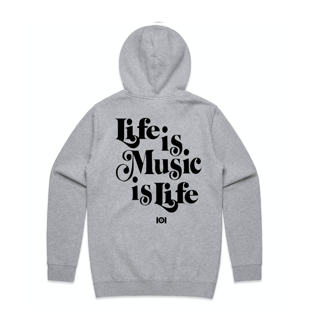 MUSIC IS LIFE IS MUSIC HOODED FLEECE - HEATGER GREY MUSIC IS LIFE IS MUSIC HOODED FLEECE - HEATGER GREY