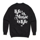 MUSIC IS LIFE IS MUSIC CREW FLEECE- BLACK